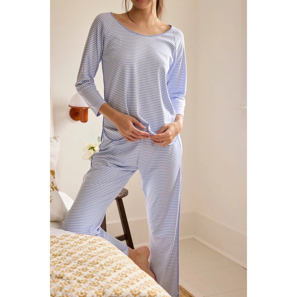 LAKE Pajamas 100% Pima Cotton Long Sleeve Pants Set Hydrangea Striped Medium